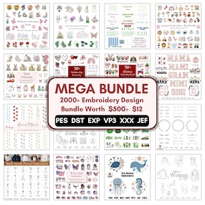 Puede incluir: Un paquete de diseños de bordado digital con varios temas, incluyendo flores silvestres, Pascua, San Valentín, Navidad y animales. El paquete incluye más de 2000 diseños y es compatible con múltiples formatos de archivo.