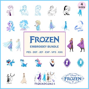 Op de afbeelding: Een digitale borduurpakket met personages uit de film "Frozen". Het ontwerp bevat afbeeldingen van Elsa, Anna, Olaf en andere personages, met de tekst "FROZEN EMBROIDERY BUNDLE" en "#SQUADGOALS". Verkrijgbaar in 4 maten.