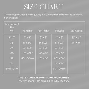 May include: A size chart with dimensions in inches and centimeters for printing digital files. The chart includes sizes such as 5" x 7", 8" x 10", and A4, A3, A2, and A1 sizes. Text at the bottom states "THIS IS A DIGITAL DOWNLOAD PURCHASE."