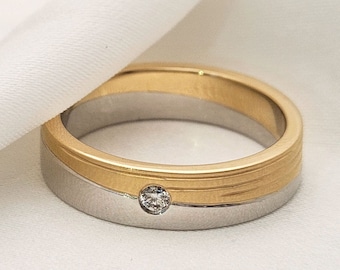 Vintage Engagement Ring Set Solid Gold Unique Dual Tone Wedding His and Her Rings Round Lab Grown Diamond Handmade Jewelry Anniversary Gift