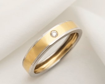 Minimalist Engagement Ring Solid Gold Unique Dual Tone Wedding His and Her Rings Round Lab Grown Diamond Handmade Jewelry Anniversary Gift