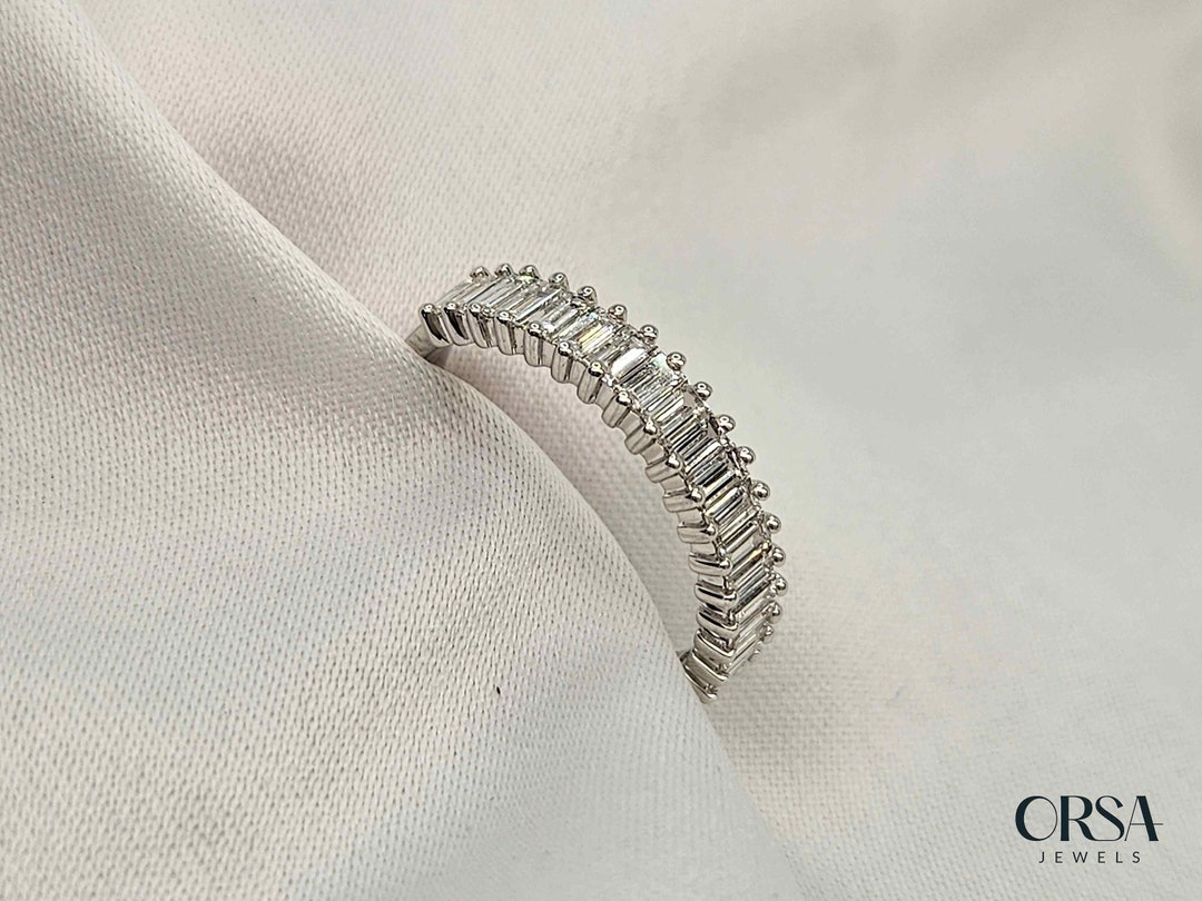Baguette Lab Grown Diamond Wedding Band Solid Gold Handmade Half ...