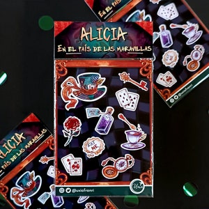 ALICIA en el País de las Maravillas - Pack de Pegatinas - Set Stickers - Set 9 pegatinas de objetos inspirados en Alicia con estilo acuarela