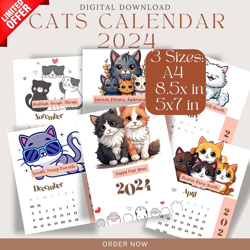 Cat Calendar 2024 Wall Calendar 2024 DIGITAL DOWNLOAD 2024 Funny