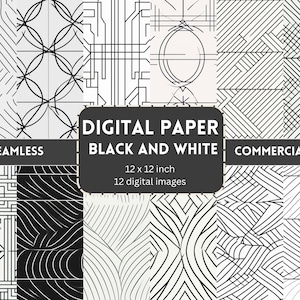 Puede incluir: Un conjunto de 12 papeles digitales con patrones geométricos en blanco y negro. Los patrones son sin costuras y se pueden utilizar para fines comerciales. Cada papel mide 30,48 cm por 30,48 cm.