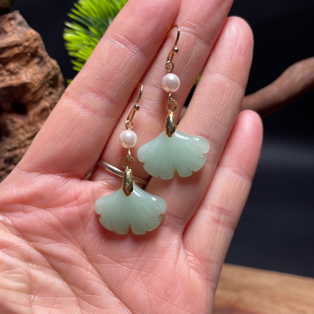 14k Handmade Earrings Ginkgo Biloba Earrings, Real Ginkgo Biloba