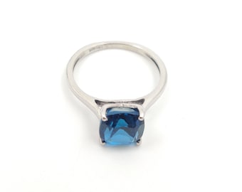 Anillo de topacio azul Londres, anillo de plata de ley con corte cojín, piedra natal de noviembre