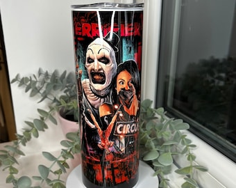 Terrifier tumbler 20oz/ Classic horror clown / hot and cold drinks/ Art of the clown/ Horror skinny insulated tumbler/ Terrifier 2/ Scary
