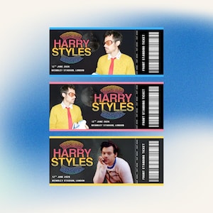 May include: Three concert tickets featuring the text "HARRY STYLES" in a colorful design. Each ticket includes a photo of Harry Styles, the date "12th JUNE 2026", and "WEMBLEY STADIUM, LONDON". The tickets have a "FRONT STANDING TICKET" section.