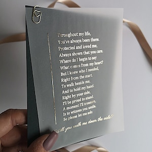 Biglietto "Mi accompagnerai lungo la navata" in lamina, per mamma, papà, fratello, nonno, nonna, poesia "Mi accompagnerai lungo la navata", biglietto "Mi regalerai"