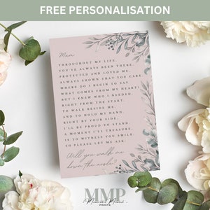 Voulez-vous m'accompagner ? Carte, poème « Walk Me Down The Aisle », Proposition de promenade dans l'allée, Pour maman, Pour papa, Pour frère, beau-père, grand-père
