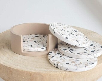 Set Sottobicchieri + Portaoggetti Jesmonite Terrazzo Beige Crema Nero | Set di 4 sottobicchieri | Decorazione fatta a mano | Set sottobicchieri rotondi