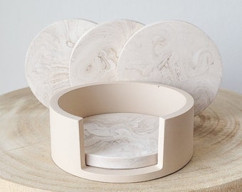 Sous-verres + Rangement Jesmonite Marbre Beige Blanc I Ensemble 4 sous verres Récipient I Décoration Fait main I Round coaster Set