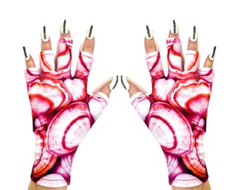 May include: Fingerless gloves with a vibrant red and white agate pattern. The gloves have long, pointed, white fingernails with black gem accents. The design is eye-catching and bold, perfect for a unique fashion statement.