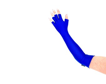 May include: A vibrant blue arm sleeve with fingerless gloves. The sleeve extends from the wrist to the upper arm, with openings for the fingers. The fabric is a solid, bright blue color, and the background is white.