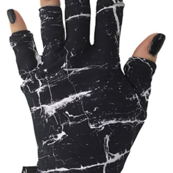 ManiGlovz The Original Dermatologist recommended fingerless UPF 50+ UV/ LED Protective Glove Manicure & Sunblock Glove- Black Marble