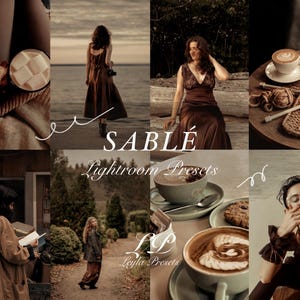 May include: A collection of sepia-toned images featuring a warm, autumnal aesthetic. The images include a person holding a mug with marshmallows, a woman in a brown dress, a cup of coffee with latte art, and a woman with a coffee cup. Text reads "Sable Lightroom Presets."