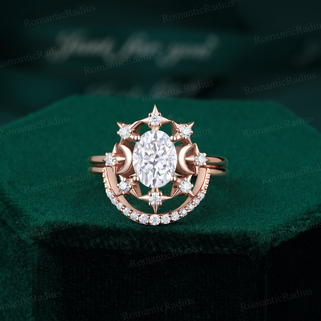 Oval Moissanite Celestial Engagement Ring Set, Unique Moon and Star