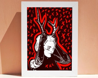 Woman with Horns Poster Demon Girl Art Print Female Goddess Gothic Mystic Picture Occult Witch Antler Feminist Art Graphic Fantasy  Portrait