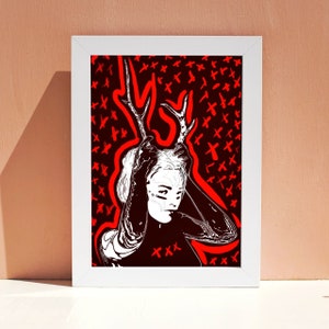 Woman with Horns Poster Demon Girl Art Print Female Goddess Gothic Mystic Picture Occult Witch Antler Feminist Art Graphic Fantasy  Portrait