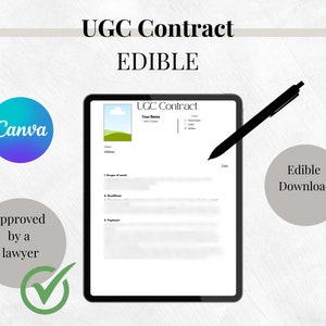 Puede incluir: Una tableta digital que muestra una plantilla de contrato UGC en blanco y negro sobre un fondo blanco. La plantilla del contrato se titula "UGC Contract" e incluye campos para "Your Name", "Scope of work", "Deadline" y "Payment". La tableta está sobre una superficie blanca con un bolígrafo negro a su lado. El texto "Edible Download" está escrito en negro sobre un círculo blanco.