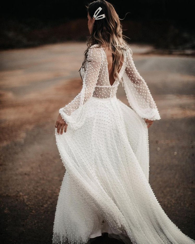 Boho Wedding Dress丨lace Wedding Dress丨chic Pearl Tulle Beach - Etsy