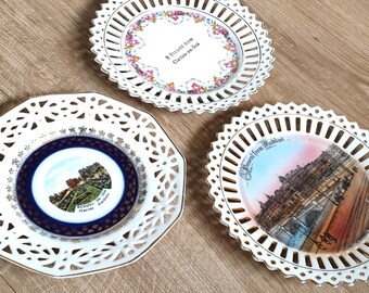 Antique pierced edge porcelain plates - lovely souvenir place plates