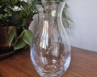 Vintage engraved crystal vase. Lovely Cottage Garden design made in Czechia for Royal Doulton Giftware