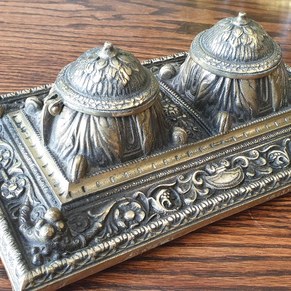 Stunning solid brass vintage French double desk inkwell