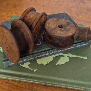 May include: Three dark brown wooden spools with a smooth, polished finish and a central hole, resting on top of two stacked hardcover books. The top book is green with the text The Secret Language of Flowers and the bottom book is dark green.