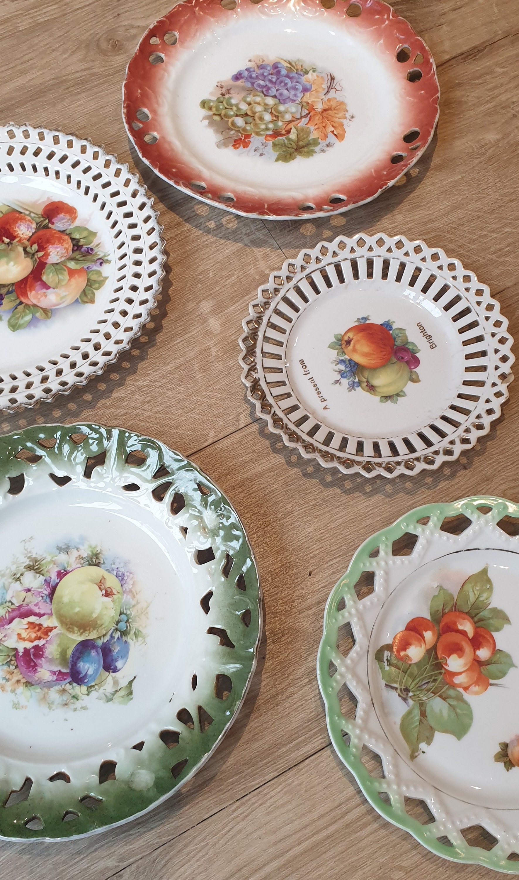 Vintage pierced edge china plates with gorgeous fruit designs - each for sale separately