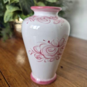 Vintage pottery pink and white vase - beautiful hand painted floral design by Vesal of Portugal