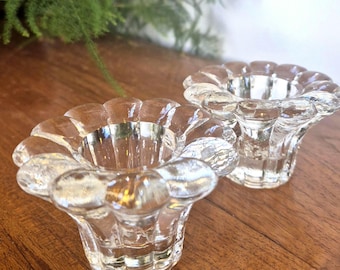 Pair of vintage glass candle holders - lovely scalloped flower design