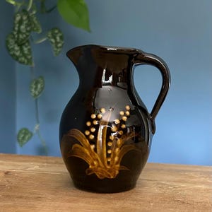 Vintage studio pottery jug - lovely design in deep browns and caramel. Hand made at Minehead potteries
