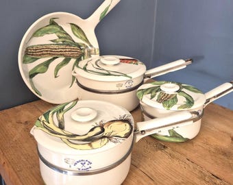 Vintage Mid Century French Porcelaine de Paris cookware - beautiful set of 3 lidded saucepans and skillet with gorgeous vegetable design