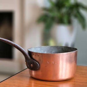 Antique copper pan - beautiful aged copper with classic long iron handle