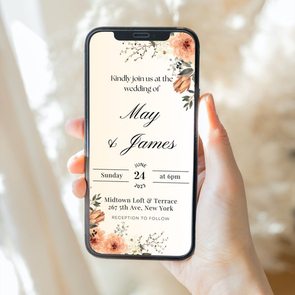 DANA Boho Beige Flowers Wedding Electronic Invitation, Evening Wedding Evite, Boho Floral Digital Wedding Invitation, Wedding Details Evite