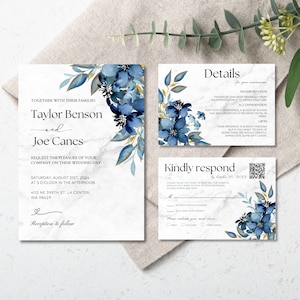 Modèle de bundle d'invitation de mariage avec code QR RSVP, conception d'or bleu marine, invitation florale, suite d'invitation de mariage imprimable personnalisée