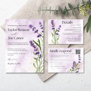 Wedding Invitation Suite Bundle Template with RSVP QR code, Lavender Purple Gold Floral Design, Custom Printable Wedding Invitation Set