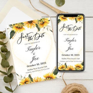 HEATHER Rustic Chic Sunflowers and Gold Save the Date, Digital Outdoor Wedding Announcement