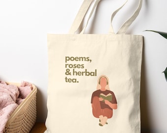 Poems Roses and Herbal Tea Tote Bag | Bookish Cotton Canvas Tote | Literary Gift for Poets & Readers | Soft Romantic Aesthetic
