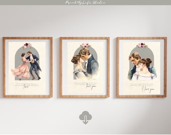 Book Poster Jane Austen Pride and Prejudice Love Quote Set - Mr Darcy and Lizzie Bennet - Valentines Day Gift