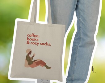 Bookish Cotton Canvas Tote | Coffee Books and Cozy Socks Tote Bag  | Cozy Reader Gift | Literary Tote for Book Lovers