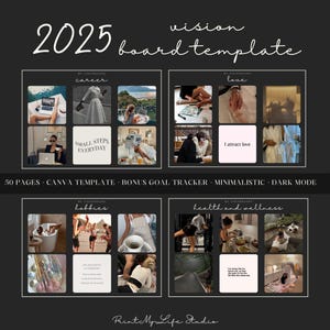 Pode incluir: Um modelo de quadro de visão para 2025 com uma estética de modo escuro. O modelo é dividido em seções para carreira, amor, hobbies e saúde e bem-estar. Cada seção tem quatro quadrados de imagem com citações e imagens inspiradoras.
