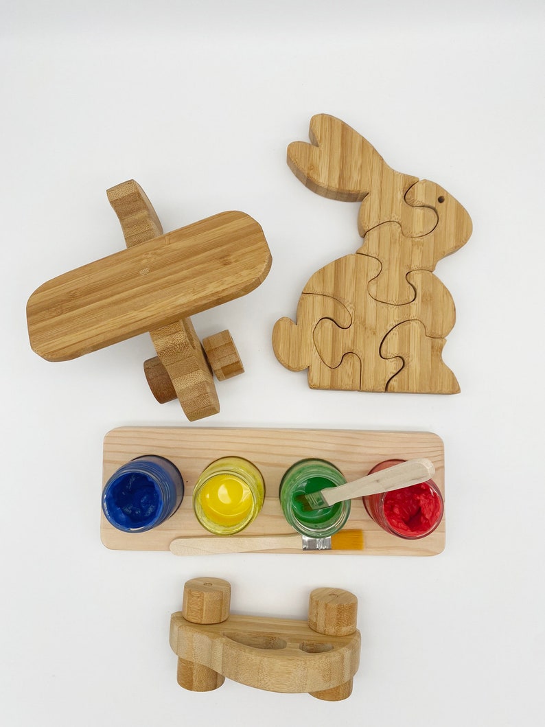 DIY Painting Kit With Wooden Toys and Wooden Paint Holder With Glass