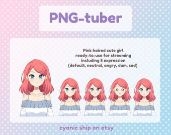 PNGtuber linda chica de cabello rosado lista para usar para transmitir en Twitch YouTube TikTok Discord y creador de contenido / incluidas 5 expresiones