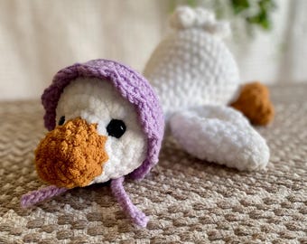 Sleeping Goose Stuffed Animal Baby Toy with Customizable Bonnet, Baby Shower Gift, Nursery Decor