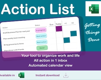 Peut inclure: Un modèle de liste d'actions en violet et turquoise avec le texte "Action List" en blanc. Le modèle comprend une liste d'actions, une colonne d'état, une colonne de date d'échéance et une colonne aujourd'hui, +1 et +2. Le modèle est conçu pour aider les utilisateurs à organiser leur travail et leur vie. Le texte "Getting things done" est en blanc sur un fond turquoise. Le texte "Available in" est en blanc sur un fond violet. Le texte "Instant download" est en blanc sur un fond violet.