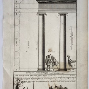May include: A black and white engraving of two columns with an Ionic order. The engraving includes a scale in modules and a description of the order in French. The text reads: "Ordre Jonique sans Piedestal, toute la hauteur donneuse se divise en 22 parties et 4: une de ses parties servira de Module et parce que cette ordonnance est plus legere que la Toscane, et la Dorique et qu'ainsi elle demande plus de precision dans le masque gore de ses membres, on divisera le module en 18 parties. La Colomne compris le Chapiteau et la Base est de 18 modules. Architrave contient un Module et un quart. La Frise un Module et demi. La Corniche, un Module et trois quarts. Mais tout l'Entablement est de 4 modules et demi, qui est le quart de la hauteur de la Colomne."