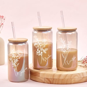 Personalized Name Cup with Birth Flower Iced Coffee Cup Gifts for Her Glass Tumbler Mother Day Gifts Birthday Gifts Wedding Gifts Glass Cup